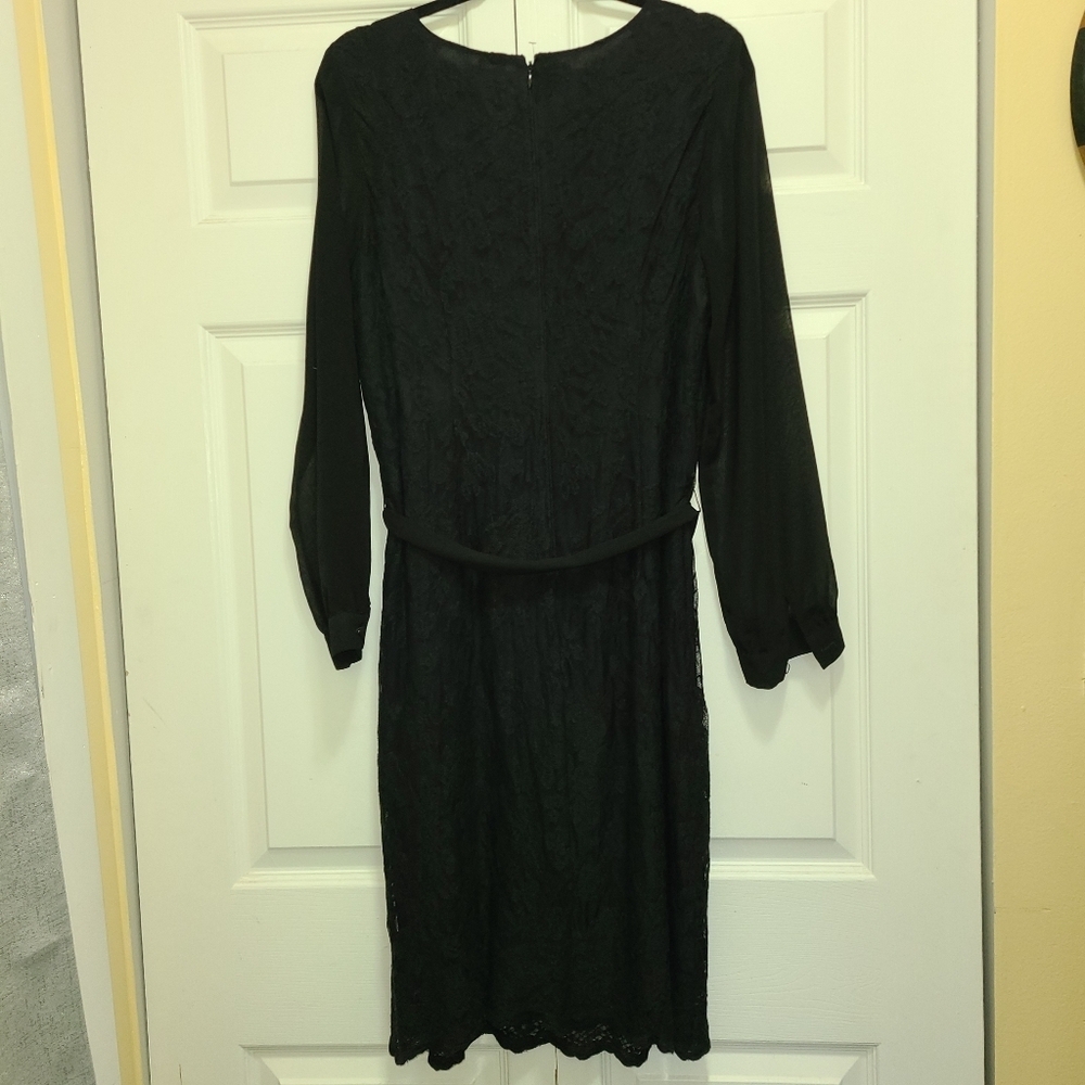 Talbots Sheath Dress Sz 12 Embroidered Lace Sheer Sleeve solid Black NWOT